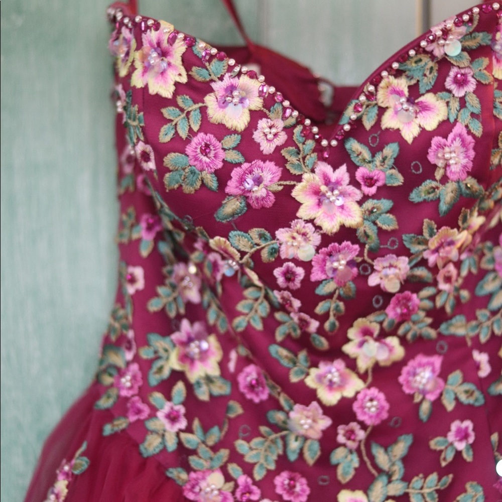 Mori lee floral prom dress in color black cherry